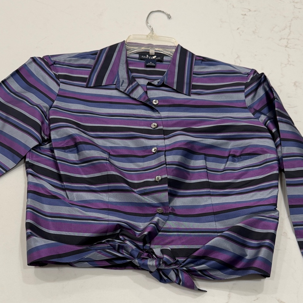 Ann Taylor Purple and Blue Striped Silk Shirt
